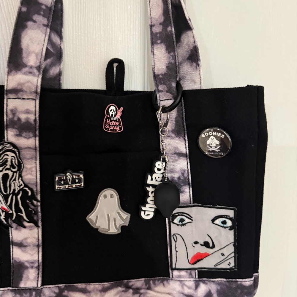 Black & Purple Tie-Dye Canvas Tote with Ghost Face Charms